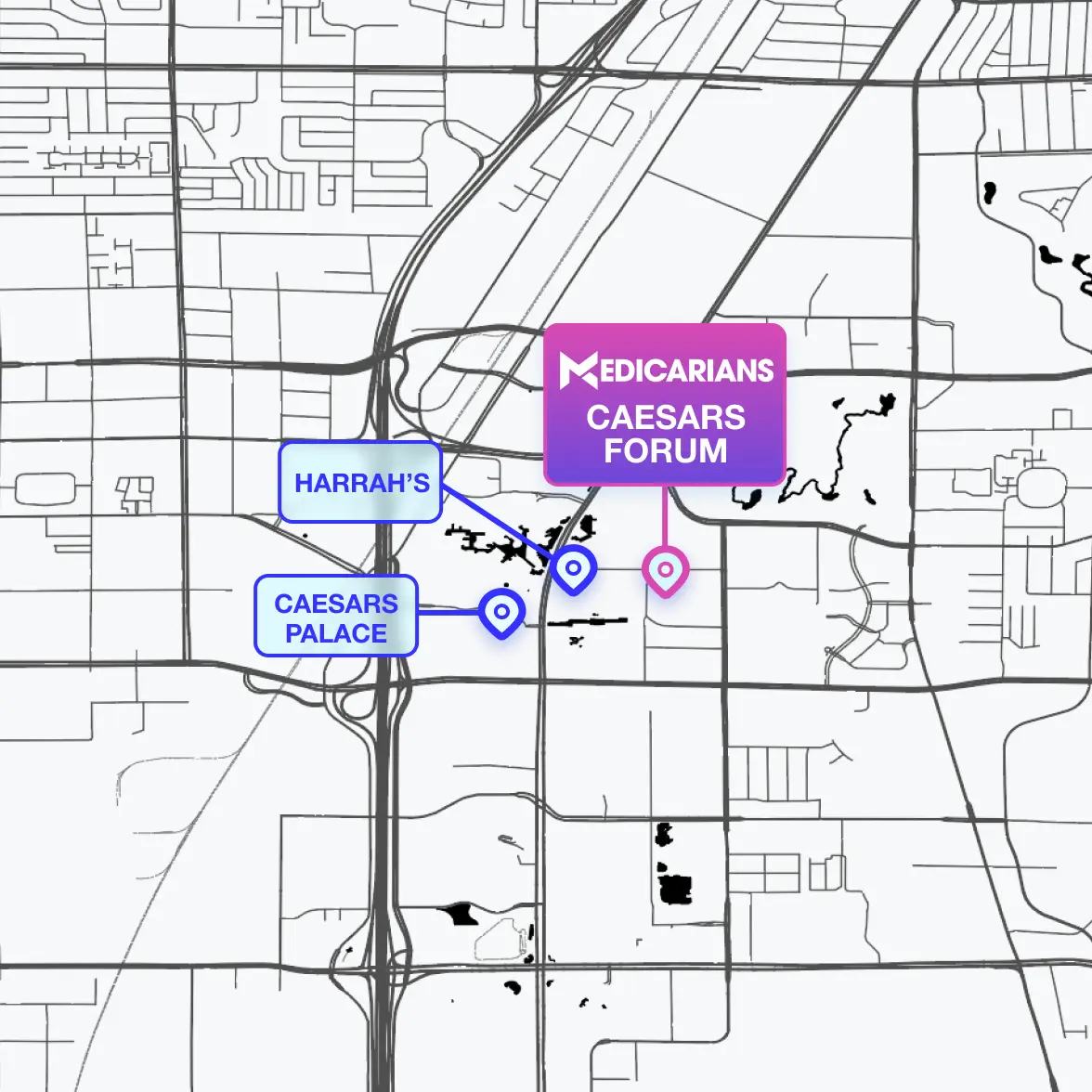 Map of the Las Vegas Strip showing Caesars Forum with Harrah's and Caesars Palace marked nearby